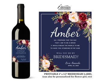 Will You Be My Bridesmaid Wine Label | Printable Floral Watercolor Bridal Party Invitation Wine Bottle Labels For Flower Girl, Maid Of Honor