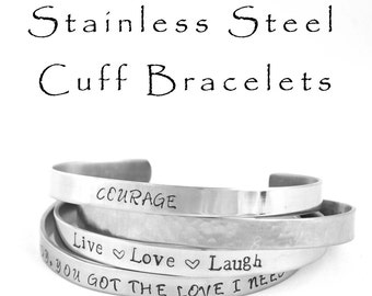 Hand Stamped Stainless Steel Cuff Bracelet Personalized Jewelry Mantra Bracelets Gifts Under 20 Engraved Stainless Steel Jewelry