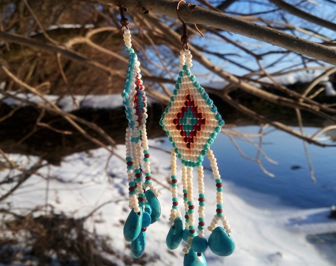 Chandelier woven beaded earrings with turquoise with traditional national ethnic Ukrainian pattern, Czech beads, women beaded jewelry