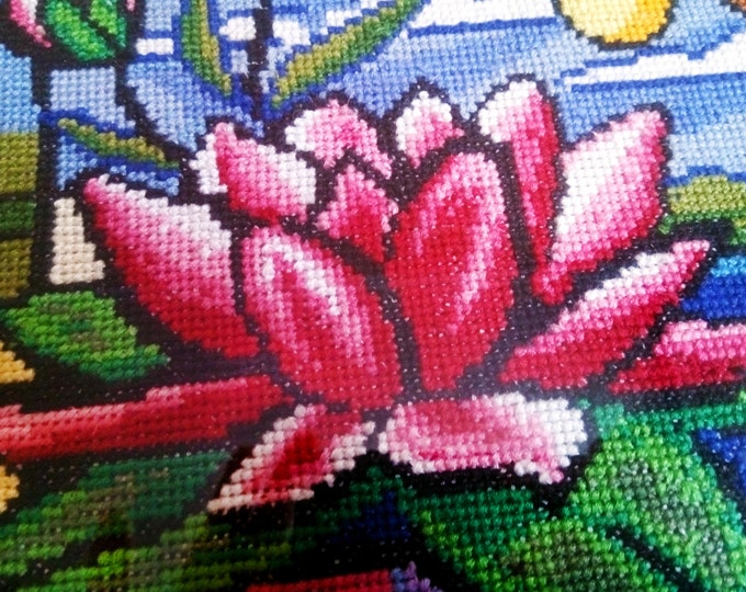 DMC thread embroidered picture with lotus and dragonfly in a frame - Cross stitch art - hand embroidery - landscape picture - ready to ship