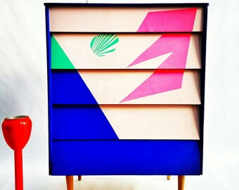 Chest of Drawers / Mid Century Dresser/ Four drawer Chest / Dresser/ Dressing Table/ Hand painted Chest of Drawers/ Geometric /Retro Chest