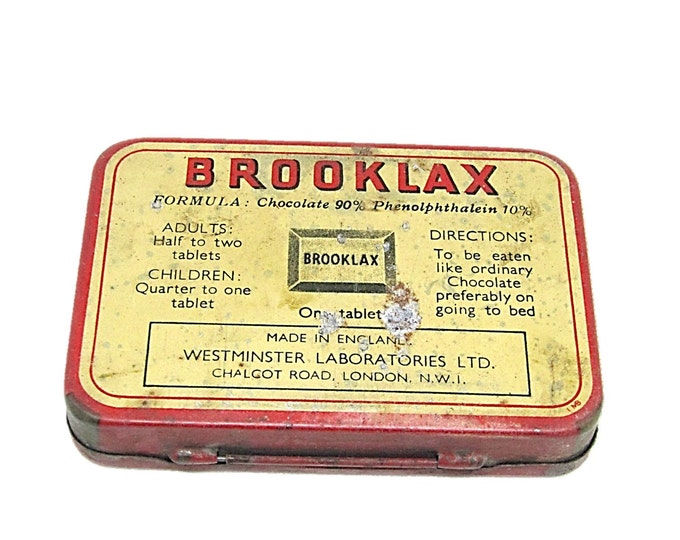 Vintage Original BROOKLAX Tin The British Chocolate Laxative 24 Tablet Empty Tin Box Made in England Collectible Box Collector's Item Mom
