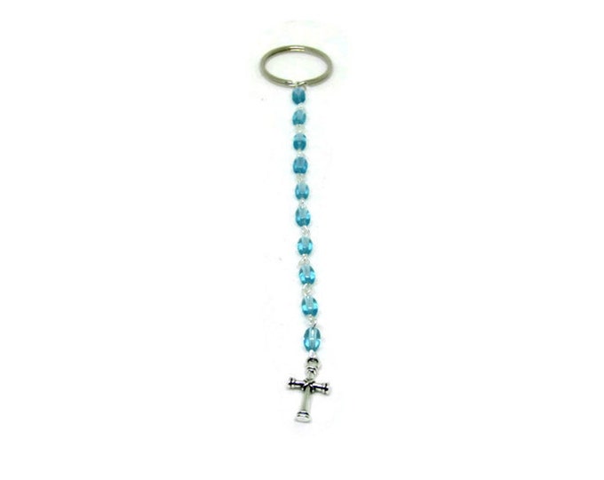 Aqua Blue One Decade Pocket Rosary Keychain, Rosary Gift, Protection Rosary, Devotional Gift,