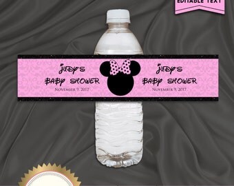 Printable Baby Shower Water Bottle Labels, Minnie Mouse, Baby Girl, Pink, Black, Digital File, EDITABLE text, Microsoft® Word Format
