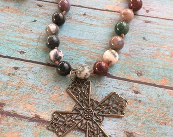 Cross Pendant Long Necklace, Agate Beads, Leather Cording, Knotted Necklace, Knotted Beads, Gold Cross, Beaded Long Necklace