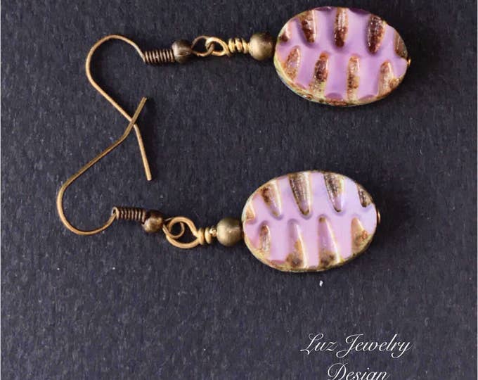 Purple brass dangle, purple brass earrings, purple oval earrings, rustic purple earrings, touch of purple dangle purple rustic earrings