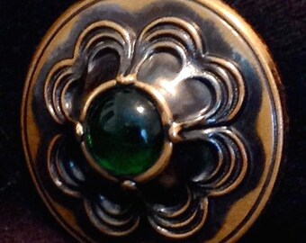 Antique Button Brass with Green Glass Jewel, LRG