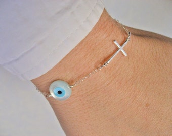Sideways Cross Bracelet, MOP Evil Eye Bracelet, Sterling Silver, Side Cross Bracelet, Protection Bracelet, Christian Bracelet, Gift Under 30