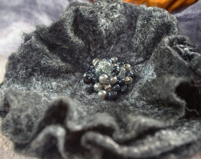 Merino Wool Silk Brooch Felted Grey Floral Pin Dress Hat Accessory Statement Piece Luxurious Evening Flower Classy Stylish Feminine Brooch
