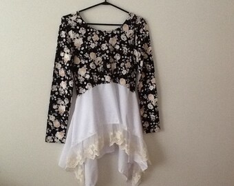 Upcycled Clothing Refashioned Shabby Country Boho Lagenlook Romantic Lolita Mori Repurposed Drape Top Tunic. Women's Size Small To Medium.