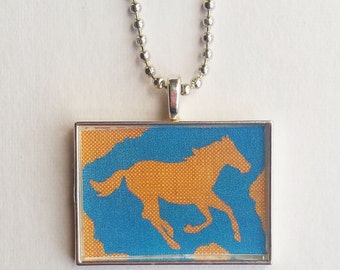 Checkered Horse Charm, Blue Yellow Jewelry, Resin Pendant, Cowgirl Gift, Equine Necklace, Pet Lover, Wild Animal, Equestrian, Pony Rider