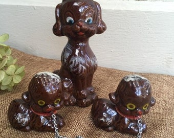 Vintage Kitsch Terra Cotta Brown Poodle Set Redware Poodle Made In Japan Retro 1950's