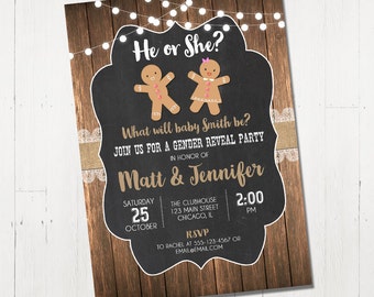 holiday gender reveal invitation winter baby reveal invite gingerbread man woman he or she shower christmas reveal wood printable digital