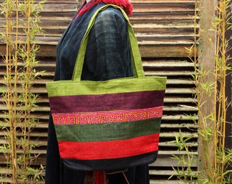 Handmade Hemp Hill Tribe Tote Bag Natural Dye Shoulder Bag Tribal Hmong Embroidered Organic