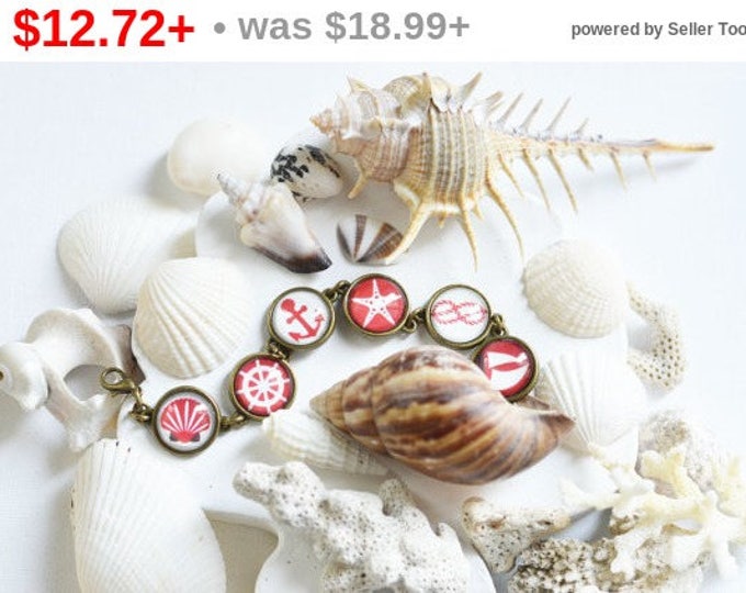 SEA BREEZE Bracelet made from metal brass under glass, Shell, Ship, Rudder, Anchor, Starfish, Pastel, Red, Brown