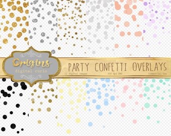 Party Confetti Overlays Clipart, Pastel and gold foil, silver glitter circles, polka dot clip art, baby shower invitations, digital weddings