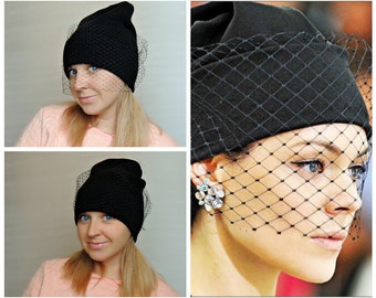 Beanies cap / Наt beanie with a black veil- Black