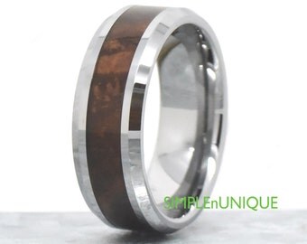 8mm Mens Wedding Band, Mens Wood Wedding Band, Mahogany Wood Inlay, Wood Ring, Mens Wood Ring, Gift For Him, Unique Anniversary Ring Band