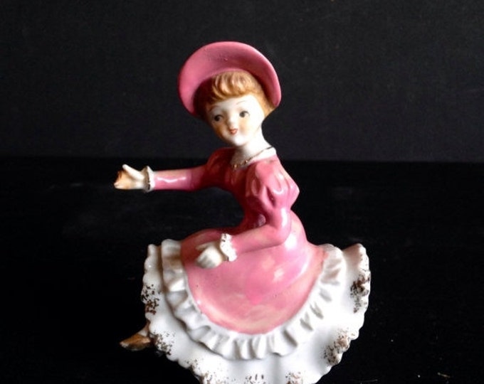 Storewide 25% Off SALE Vintage Porcelain Collectable Woman Seated Figurine Featuring Victorian Style Rose Dress with Matching Tea Party Hat