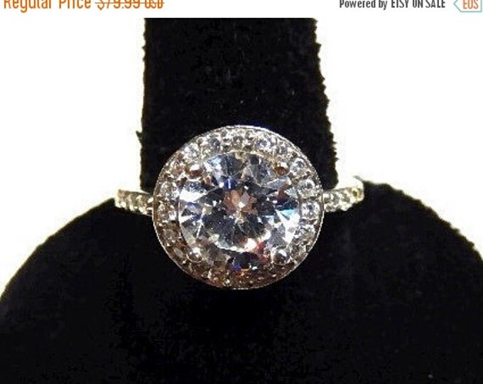 Storewide 25% Off SALE Vintage Sterling Silver Round Brilliant Cut Ladies Engagement Ring Featuring Baguette Accented Design Finish