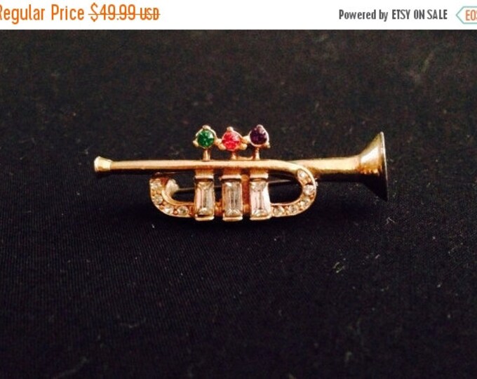 Storewide 25% Off SALE Vintage Gold Tone Musical Designer Trumpet Brooch Pin Featuring Rhinestone Accented Design