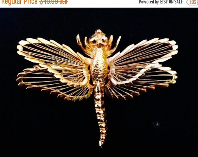 Storewide 25% Off SALE Enchanting Vintage Copper Tone Figural Dragonfly Monet Designer Signed Ladies Brooch Featuring Oversized Openwork Win