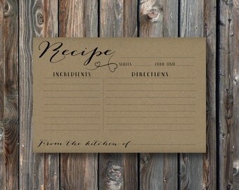 PRINTABLE Recipe Card-4x6 Recipe Card-Bridal Shower Recipe Card-Vintage Recipe Card-Rustic Card-Kitchen Shower Card-Instant Download_RC01