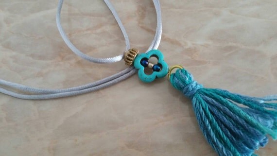 Handmade OOAK Turquoise Beads Tassel Steampunk Satin Necklace
