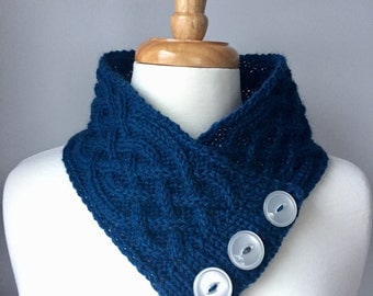 Knit Cabled Neck Warmer - Handmade Cowl - Deep Blue