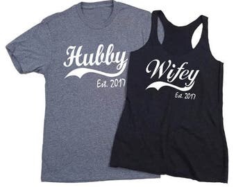 wedding gift, bridal shower gift, HUBBY WIFEY shirts, hubby wifey est, couples gift, wedding anniversary, bride and groom gift, honeymoon