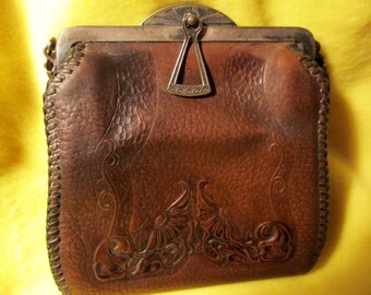Items similar to Antique Art Nouveau Leather Handbag Embossed with ...