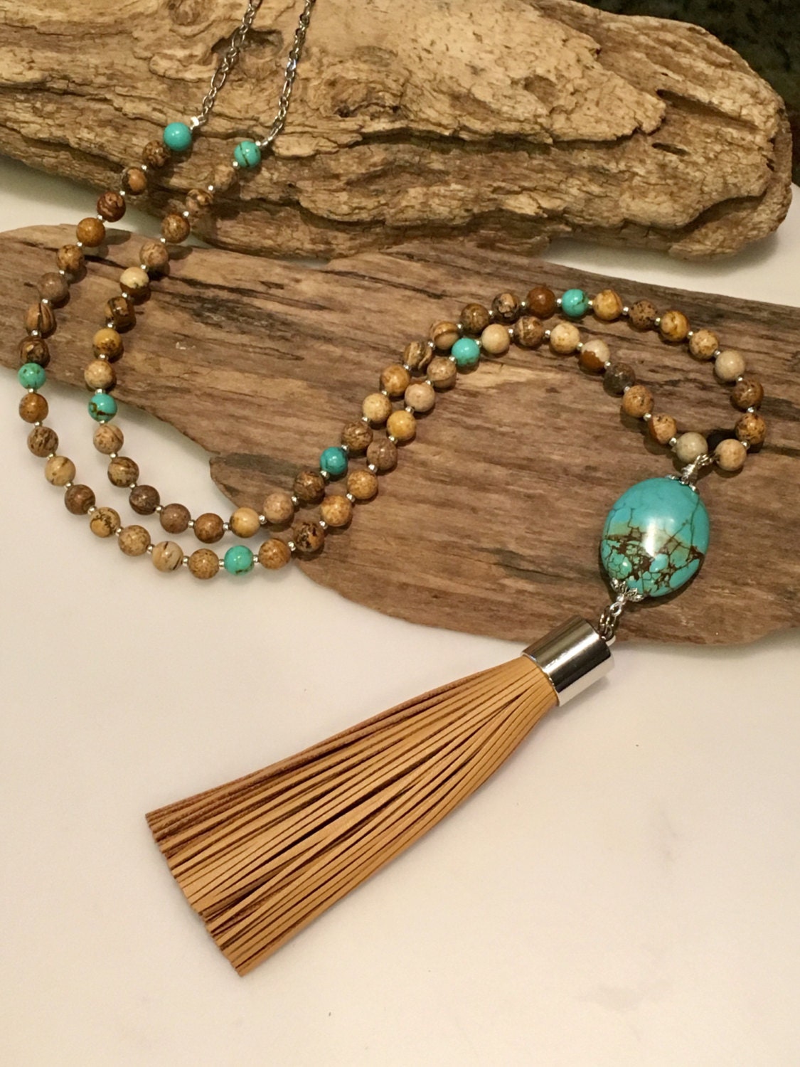 Beaded Boho Tassel Necklace Tan Genuine by BohoBlissCreations