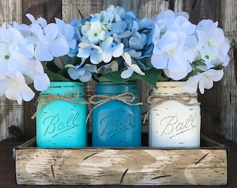 MASON Jar Decor Centerpiece (Flowers optional) -Antique White TRAY with Reclaimed Handles- 3 Ball Canning Painted Pint Jars Distressed Wood