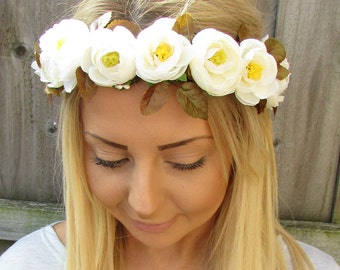 Ivory Rose Bud Flower Garland Headband Hair Crown Bridesmaid Boho Festival 2039