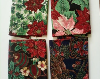 Christmas Fabric, Poinsettia, Reindeer, Santa four fat quarters, 18X22"