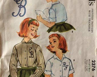 McCall's 2376 girls blouse size 6 or size 10 vintage 1950's sewing pattern