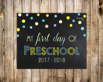 Blue Yellow FIRST DAY of PRESCHOOL Sign, Printable Chalkboard 1st Day of Preschool Poster, Boy Back to School, Diy Digital Instant Download