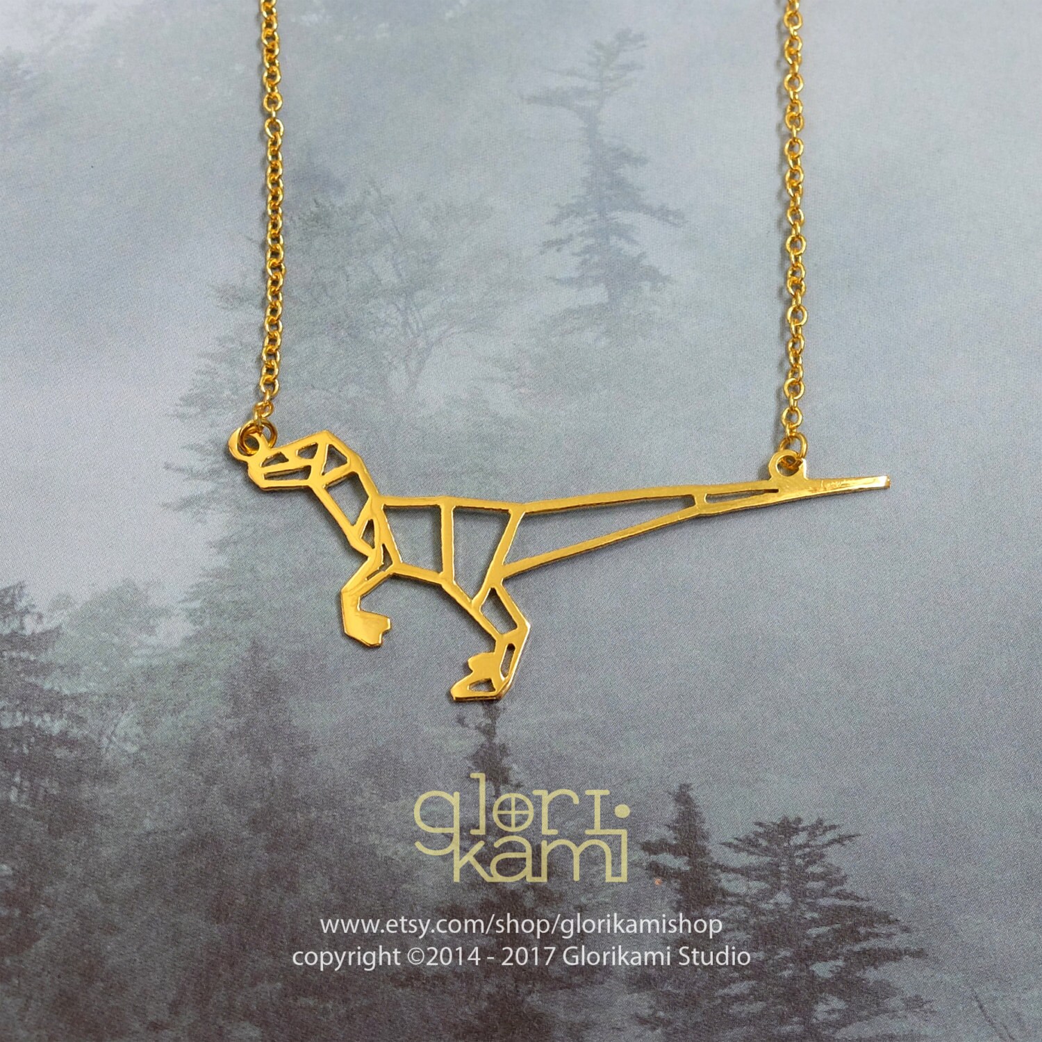 Velociraptor Dinosaur Necklace Origami Necklace Gold Plated