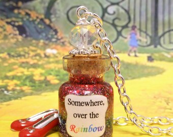 Somewhere Over the Rainbow Necklace Wizard of Oz Bottle Pendant Charm Jewelry Wicked Dorothy Ruby Shoes Slippers ~ Costume Jewellery