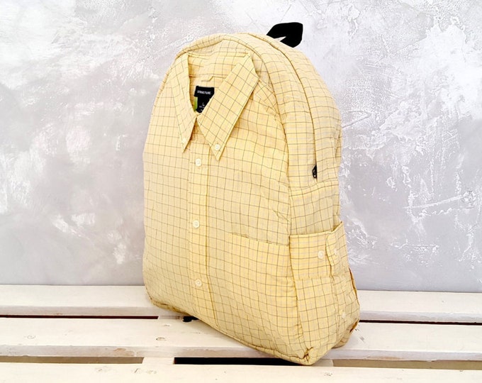 Upcycled backpack, cotton backpack, festival backpack, college backpack, yellow backpack, rucksack, plaid backpack, vegan, grunge backpack