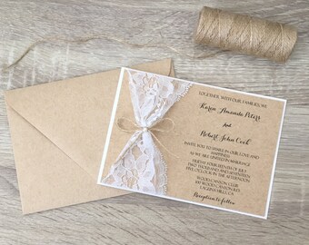 Rustic wedding invitation, lace wedding invitation, twine pearl wedding invitation, rustic lace invitation, rustic vintage invitation
