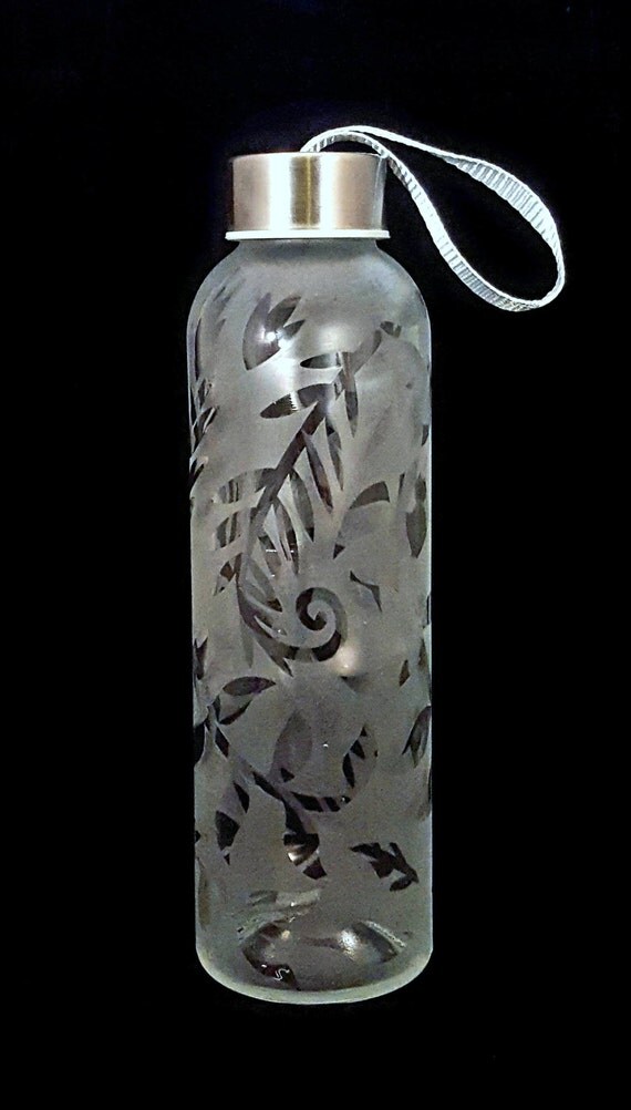 Glass water bottle etched with plant leaf design 18 oz.