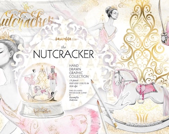 Nutcracker Clipart, Nutcracker Christmas Clipart Xmas Graphics Watercolor Illustrations Planner Stickers DIY Ballerina Snow Globe Gold Foil