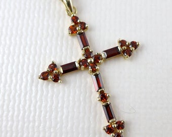 Gold Garnet Cross Necklace, Vintage 14K Gold Garnet Cross Pendant Necklace Made In Mexico