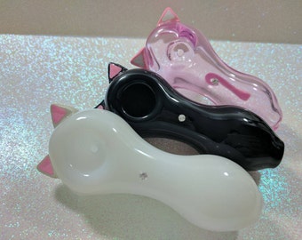 Pretty Kitty Ears and Tail Pink Glass Pipe, Moon Glass Spoon Pipe, Moon Glass Spoon Pipe, Custom Glass Pipe, Smoking Pipe