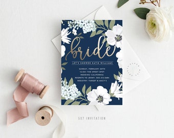 Printable Bridal Shower Invitation | Golden Bride, Faux Foiling, Navy Blue, Kraft, Floral, Bride to Be