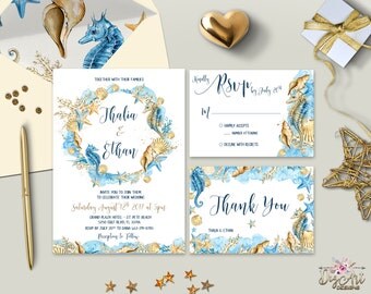 Boho Beach Wedding Invitation Printable Destination Wedding Invitation Suite Seaside Wedding Invite Watercolor Wedding Set Digital (Printed)
