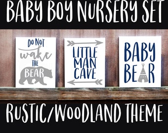 Nursery Signs, Baby Boy Nursery Set of Three, Rustic Nursery, Woodland Nursery, Little Man Cave Sign, Baby Bear Sign, Baby Shower Art