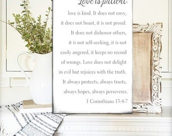 Love is Patient Sign Love is Kind Sign 1 corinthians 13 Sign Fixer Upper Signs Gift For Her Rustic Mantle Decor Home Decor Farmhouse Decor