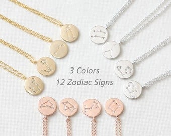 12 Zodiac Signs Necklace, Constellation Necklace, Dainty Necklace, Delicate Necklace, Round Charm Necklace, Zodiac Jewelry, Bridesmaid Gift